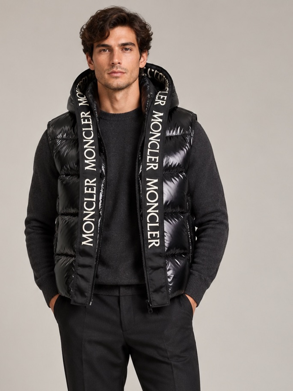 Moncler Men's Black Quilted Hooded Puffer Vest with Logo Trim